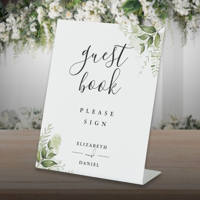 Expositor En L Elegante libro de huéspedes con vegetación floral (Elegant Floral Greenery Guest Book Pedestal Sign)