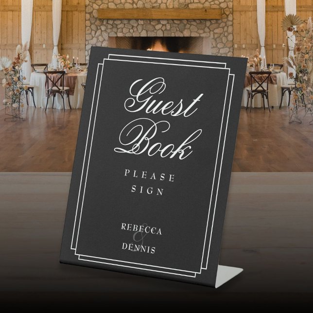 Expositor En L Elegante Libro De Invitados De Estilo Art Deco Bla (Elegant Art Deco Black And White Guest Book Pedestal Sign)