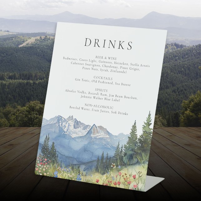 Expositor En L Elegante menú de bebidas de montaña acuáticas (Elegant Watercolor Mountain Drinks Menu Pedestal Sign)