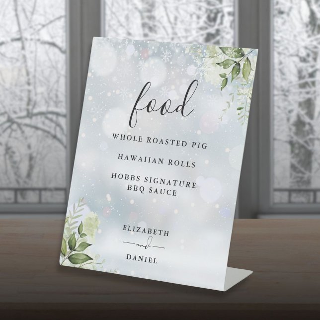 Expositor En L Elegante menú de invierno con vegetación floral (Elegant Winter Floral Greenery Food Menu Pedestal Sign)