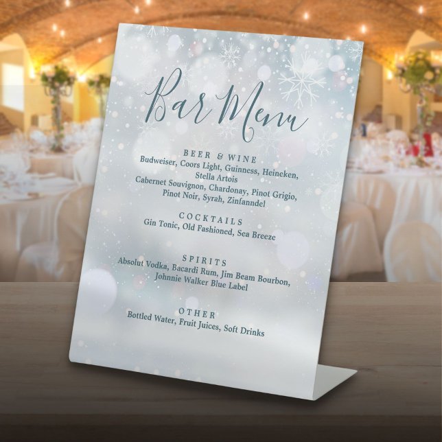Expositor En L Elegante menú del bar Winter Wonderland (Elegant Winter Wonderland Bar Menu Pedestal Sign)
