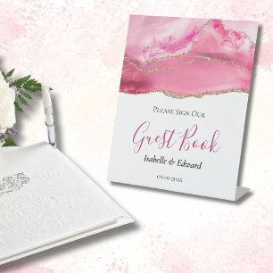 Expositor En L Elegante Piedra de Ágata Rosa y Oro Boda 