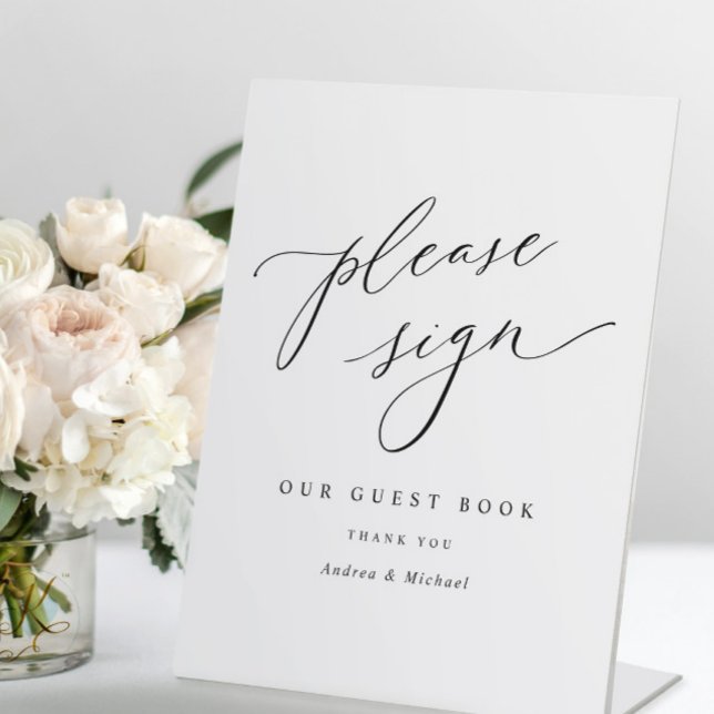 Expositor En L Elegante Rótulo de mesa de Boda romántico (Elegant Modern Wedding Guest Book Sign - Self Standing - Chic Romantic)
