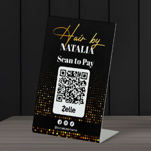 Expositor En L Elegante Salón de Pelo Negro Oro Código QR de Pago