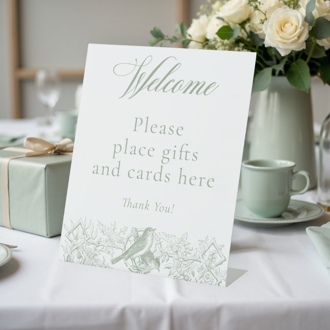 Expositor En L Elegante verde Chinoiserie Naturaleza Aves Baby Sh (Elegant Green Chinoiserie Nature Birds Baby Shower Pedestal Sign)