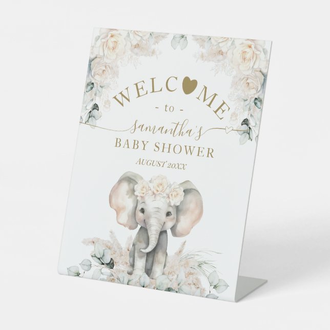 Expositor En L Elephant White Roses Boho Pampas Baby Shower (Anverso)