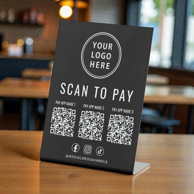 Expositor En L Escanear para Pagar 3 Códigos QR Logo Empresarial  (Scan to Pay 3 QR Codes Business Logo Social Media Pedestal Sign)