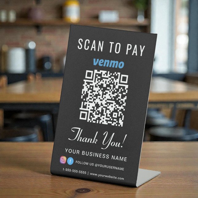 Expositor En L Escanear para pagar código QR de Venmo negro (Scan to Pay Venmo QR Code Logo Sage Green Pedestal Sign)