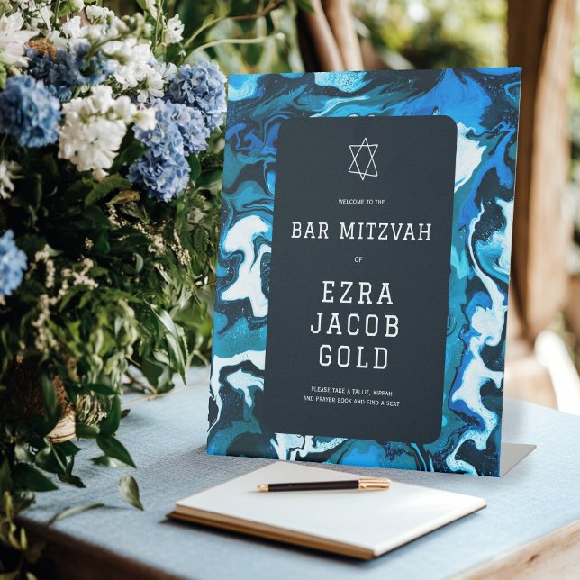 Expositor En L Estrella azul de mármol de David Personalizado Bar (Blue Marble Star of David Custom Bar Bat Mitzvah Pedestal Sign
)
