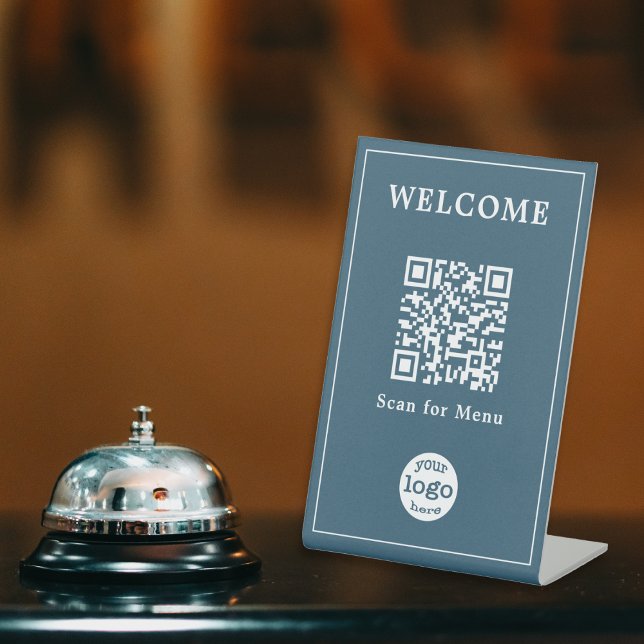 Expositor En L Eucalyptus Blue Cafe Menu QR Code Business Logo (Eucalyptus Blue Cafe Menu QR Code Business Logo Pedestal Sign)