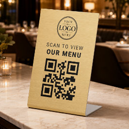 Expositor En L Exhibidor de pedestal de menú de código QR dorado 