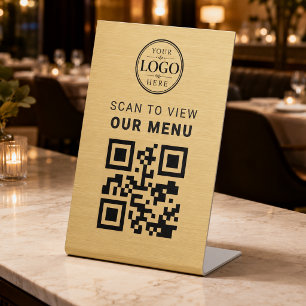 Expositor En L Exhibidor de pedestal de menú de código QR dorado 