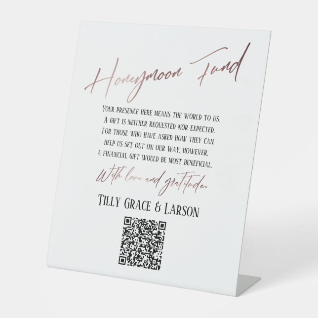Expositor En L Faux Rosa Gold Typography Honeymoon Fund QR Code (Anverso)