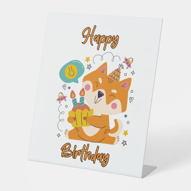Expositor En L Feliz cumpleaños Shiba Inu Rótulo Pedestal (Anverso)
