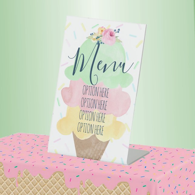Expositor En L Fiesta de crema de hielo acuático Menú pequeño (Menu Watercolor Ice Cream Bridal Shower or Baby Shower Pedestal Table Sign)