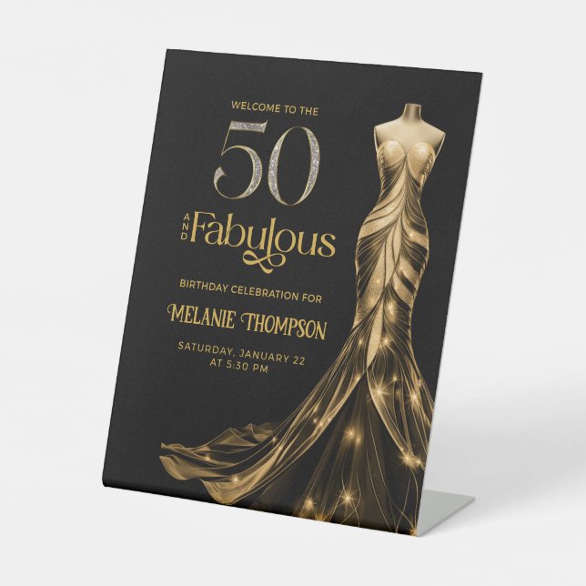 Expositor En L Fifty Fabulous Gold Dress 50th Birthday Welcome (Anverso)