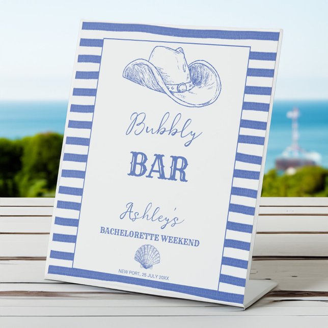 Expositor En L Finalidad de semana de Bachelorette Coastgirl impr (Coastal Cowgirl Bachelorette party personalized decor printed table Pedestal Sign dusty blue stripes)