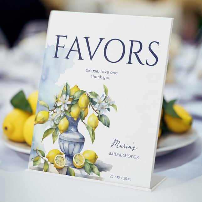 Expositor En L Firma de jarrón azul Amalfi (Amalfi Italian blue ceramics vase with lemons wedding bridal shower favors table sign table decor)