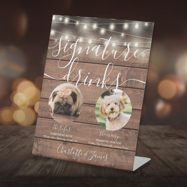 Expositor En L Firma de perro mascota bebe cuerda ilumina madera  (Pet Dog Signature Drinks String Lights Rustic Wood Pedestal Sign)