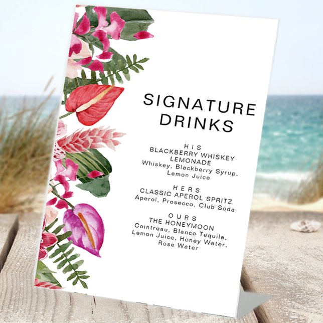 Expositor En L Firma tropical floral bebe Rótulo peatonal (Tropical Floral Signature Drinks Pedestal Bar Sign by Painted Paperie
)