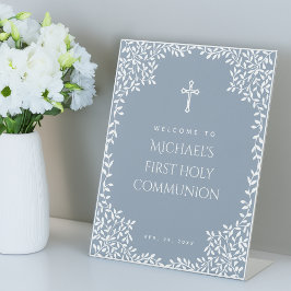 Expositor En L First Communion Dusty Blue White Leaves Welcome