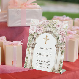 Expositor En L First Communion Pink Florals Arch Cross Welcome