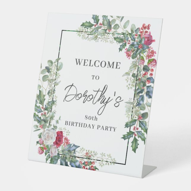 Expositor En L Floral de rosa blanca roja Holly 80 cumpleaños (Anverso)