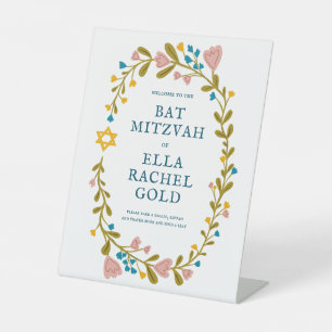 Expositor En L Floral Wreath Bat Mitzvah Personalizado dibujado a
