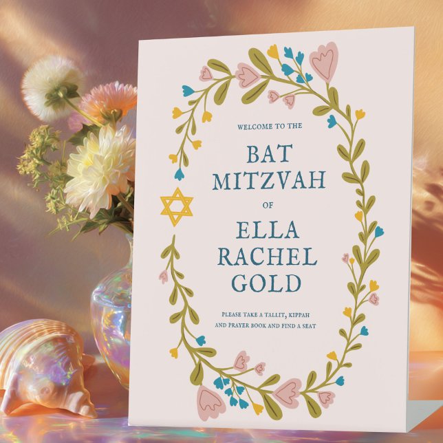 Expositor En L Floral Wreath Bat Mitzvah Personalizado dibujado a (Floral Wreath Bat Mitzvah Hand-drawn Custom Welcome Pedestal Sign
)