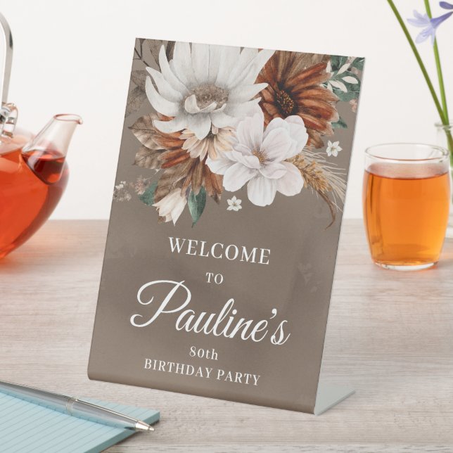 Expositor En L Flores blancas de otoño neutrales 80 cumpleaños (In Situ)