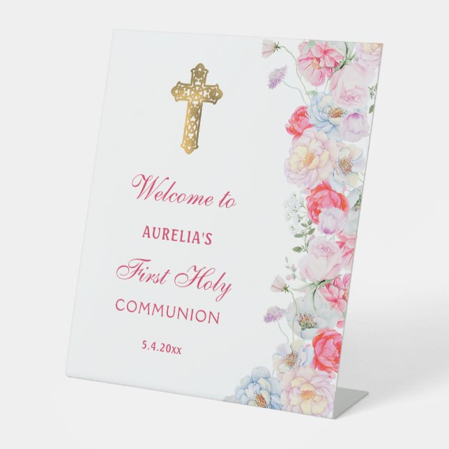 Expositor En L Flores de acuarela Primera bienvenida de la comuni (Anverso)