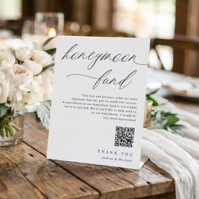 Expositor En L Fondo de luna de miel boda con Rótulo moderno (Honeymoon fund wedding sign with QR code)