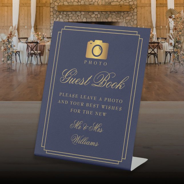 Expositor En L Foto Invitado Libro Naval Azul Y Oro Art Deco (Photo Guest Book Navy Blue And Gold Art Deco Pedestal Sign)