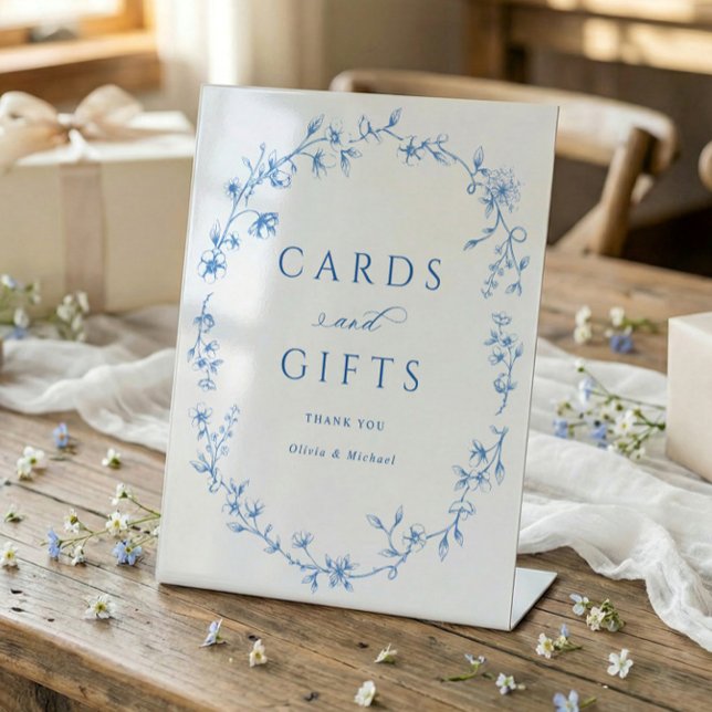 Expositor En L French Toile Blue Cards & Gifts Bridal Shower (Blue and white wildflower cards and gifts sign with vintage French toile design)