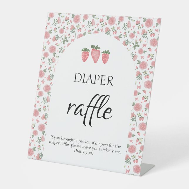 Expositor En L Fresa y Rosas Rótulo Baby Shower Diaper Raffle (Anverso)