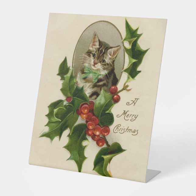 Expositor En L Gato Navidades Merry Holly Kitten Arte Antiguo (Anverso)