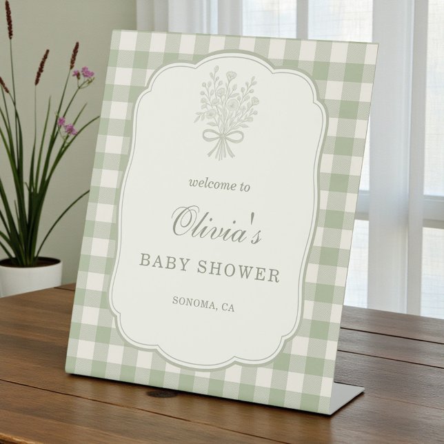 Expositor En L Gingham Floral Bow Baby Shower Welcome Sign (Subido por el creador)