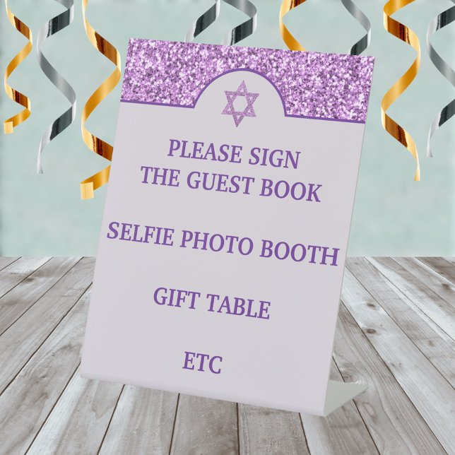 Expositor En L Glam Purple Crea Tu Propio Bat Elegante Mitzvah (Edit and add your own text to make the perfect purple glam Bat Mitzvah tabletop signs for the party)