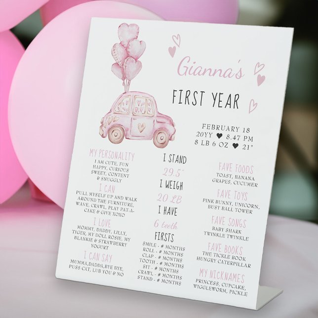Expositor En L Globos rosados y Rótulo del primer aniversario del (Milestone Sign for Baby's First Year - from my Car and Balloons Valentine Birthday Collection)