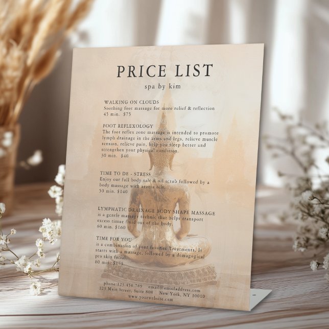 Expositor En L Golden Buddha Salon Price List (Custom Golden Buddha Salon Price List Pedestal Sign)