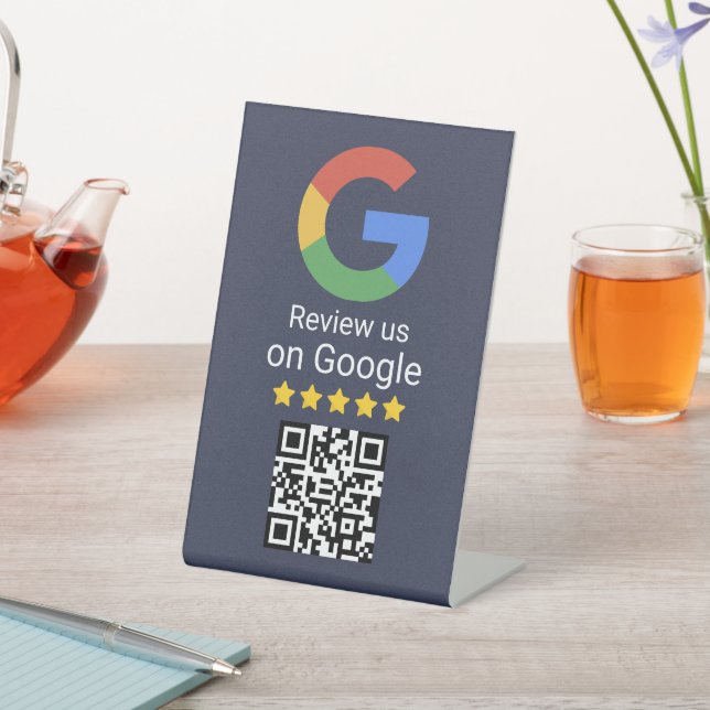 Expositor En L Google Review QR Code Blue Business Tabletop Sign (In Situ)