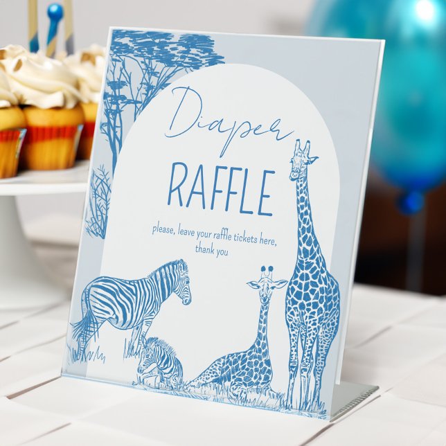 Expositor En L Grafa de toile azul azarí bebe ducha rifa (Safari blue toile de jouy giraffe African animals baby shower diaper raffle sign personalized signs)