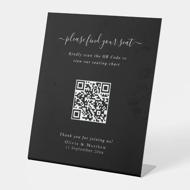 Expositor En L Gráfico de Asientos con Código QR para Boda Negra  (Anverso)