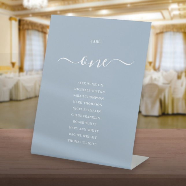 Expositor En L Gráfico de Asientos Número de Mesa Escritura Chic  (Dusty Blue Chic Script Table Number Seating Chart Pedestal Sign)