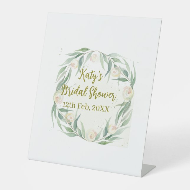 Expositor En L Green eucalyptus floral bridal shower name date go (Anverso)