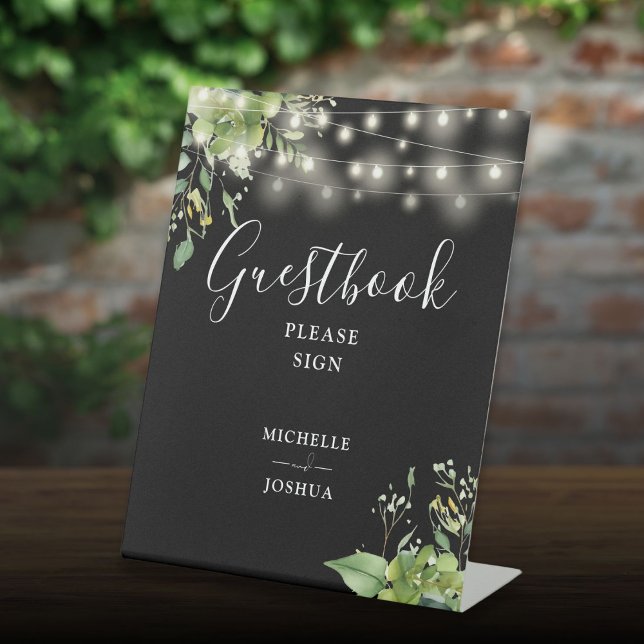 Expositor En L Greeneration String Lights Black And White Guestbo (Greenery String Lights Black And White Guestbook Pedestal Sign)