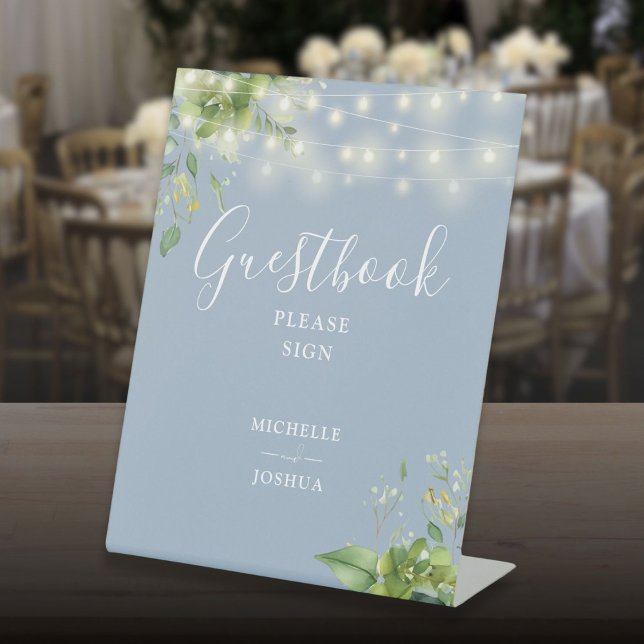 Expositor En L Greeneration String Lights Dusty Blue Guestbook (Greenery String Lights Dusty Blue Guestbook Pedestal Sign)