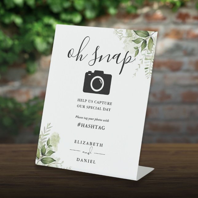 Expositor En L Greenery Floral Script Oh Snap Foto (Greenery Floral Script Oh Snap Photo Pedestal Sign)