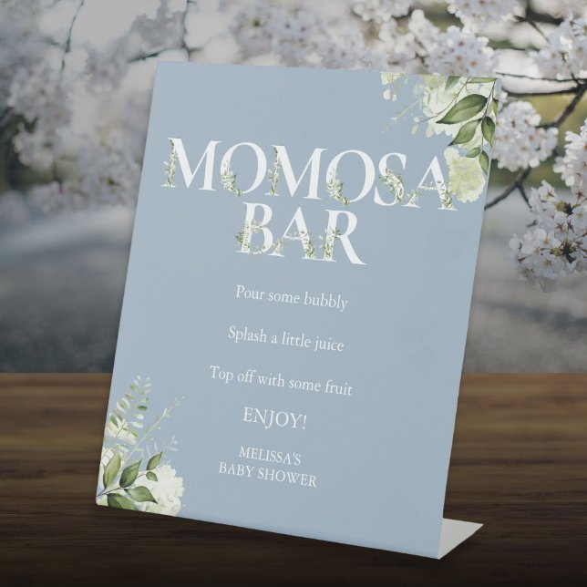 Expositor En L Greenery Momosa Bar Polvoriento Azul Baby Shower (Greenery Momosa Bar Dusty Blue Baby Shower Pedestal Sign)