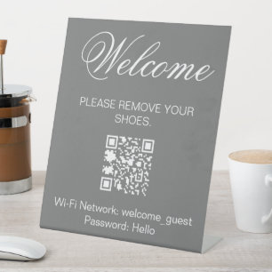 Expositor En L Gris Blanco Bienvenidos Quitar Zapatos QR Wi-fi